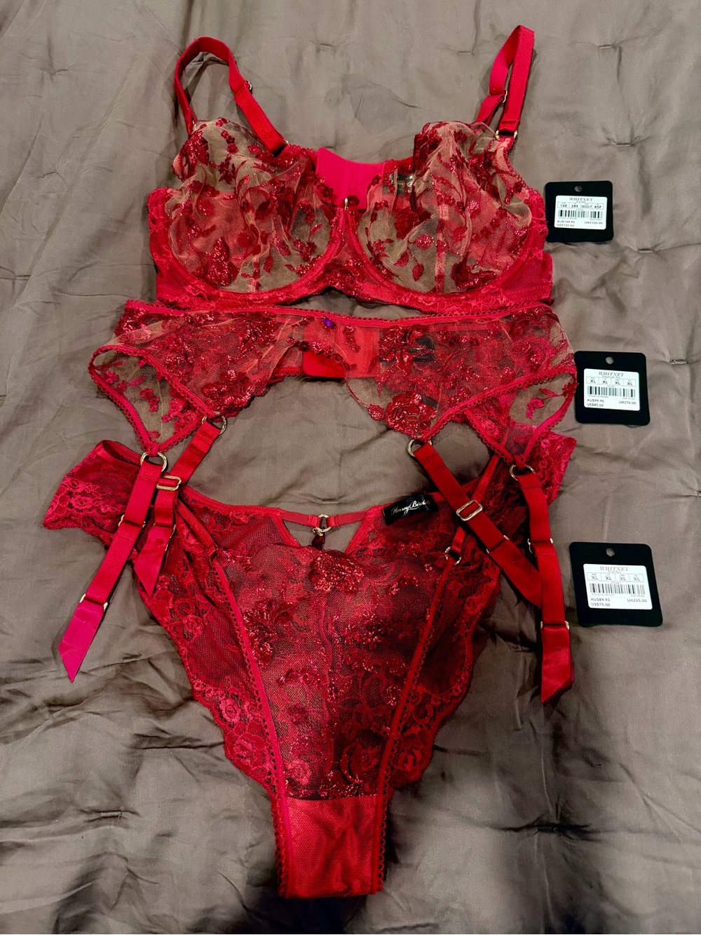Honey Birdette Whitney Red Lace Embroidered 3-Piece Lingerie Set